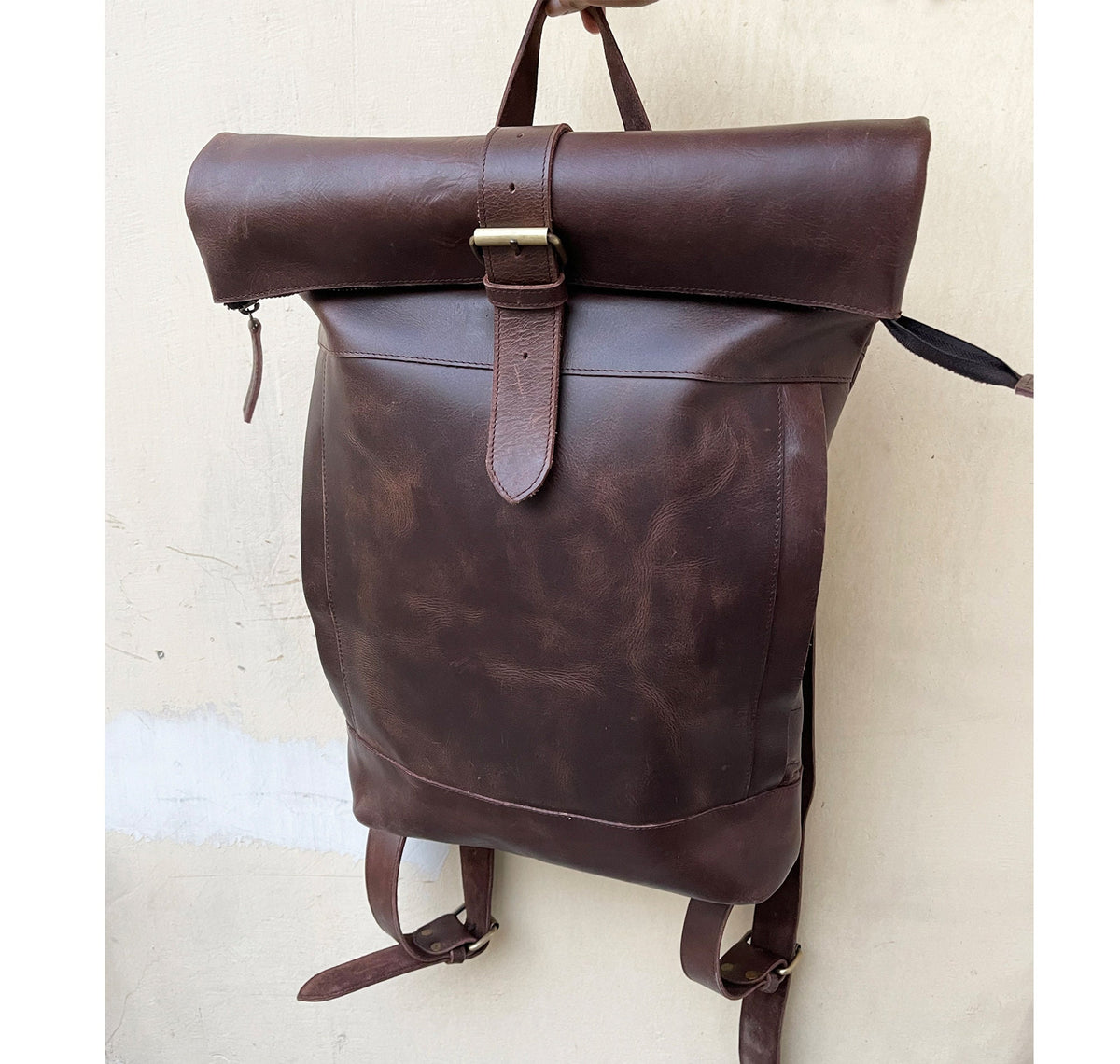 Handmade brown leather backpack large laptop genuine leather rucksack Roll on Roll top knapsack college travel trekking bag for men women 15