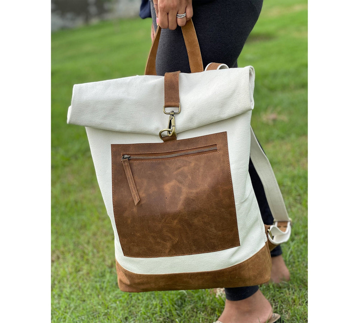 Canvas leather roll top backpack for men women travel canvas bag overnight bag christmas laptop 17" 16 inch bag rucksack personalized custom