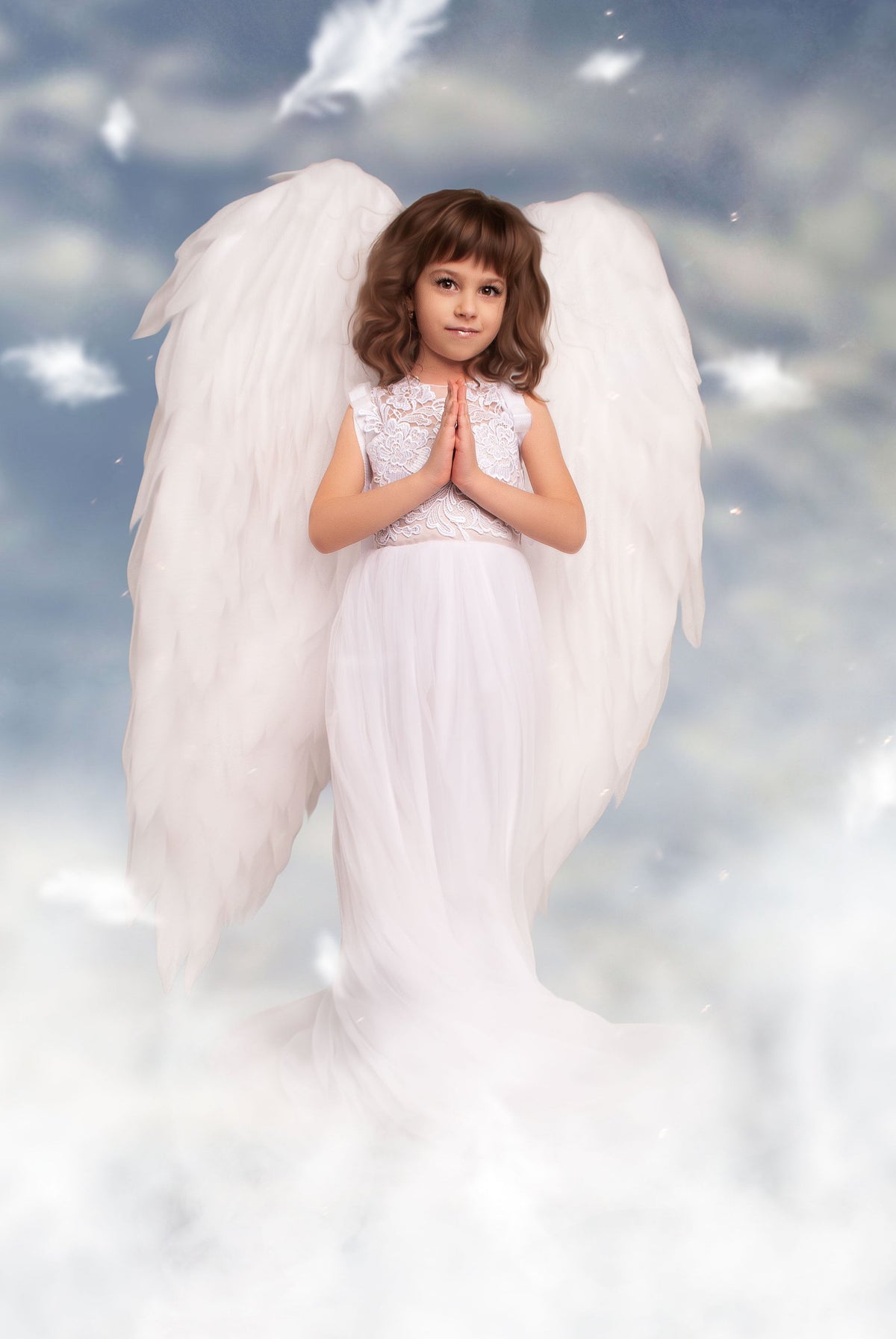May include: A young girl dressed as an angel with large white wings, wearing a white dress with lace detailing, standing in front of a cloudy sky background.