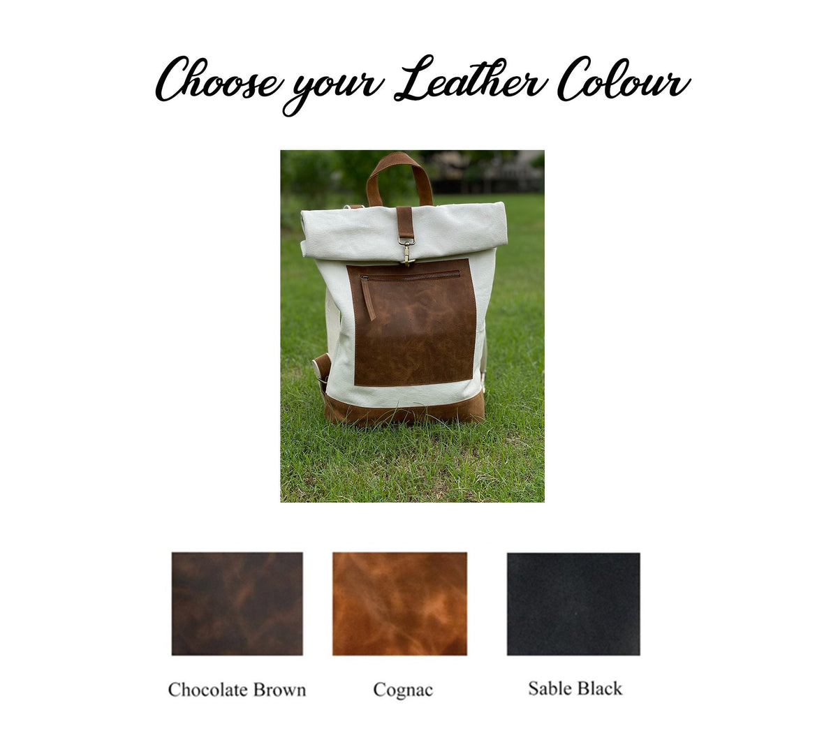May include: A white canvas backpack with a brown leather flap and a choice of leather colors: chocolate brown, cognac, or sable black.