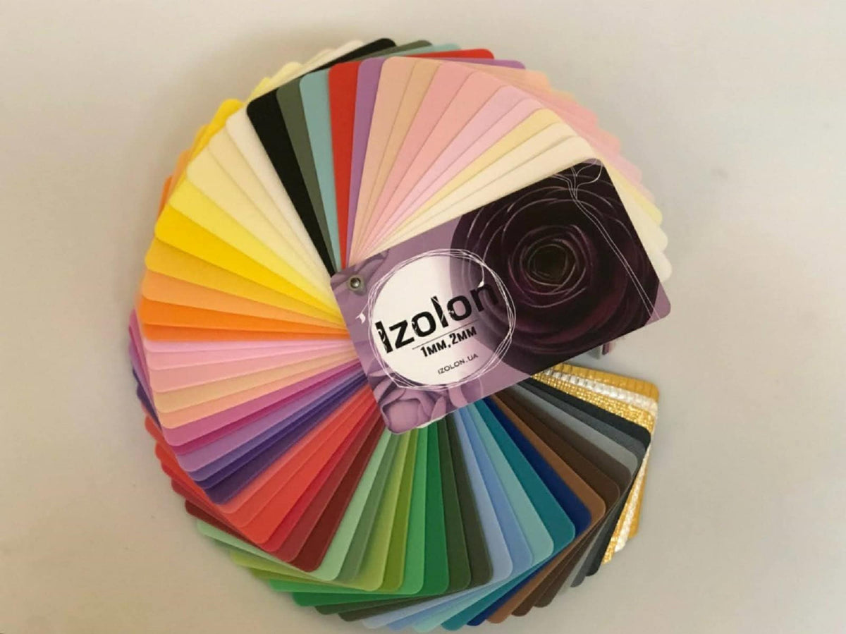 May include: A color chart fan of Izolon foam sheets in various colors, including yellow, orange, red, green, blue, and purple. The chart is labeled "Izolon 1mm, 2mm, izolon.ua".