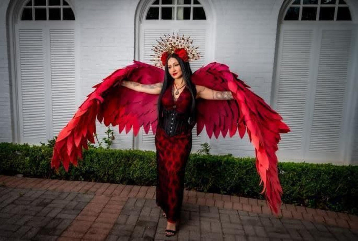 May include: A person wearing a red dress and large red feathered wings, with a gold and red crown on their head. The person is standing in front of a white building with windows.