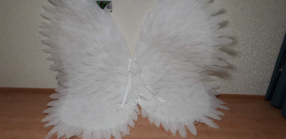 May include: A pair of white angel wings made of feathers. The wings are attached to each other with white ribbon.