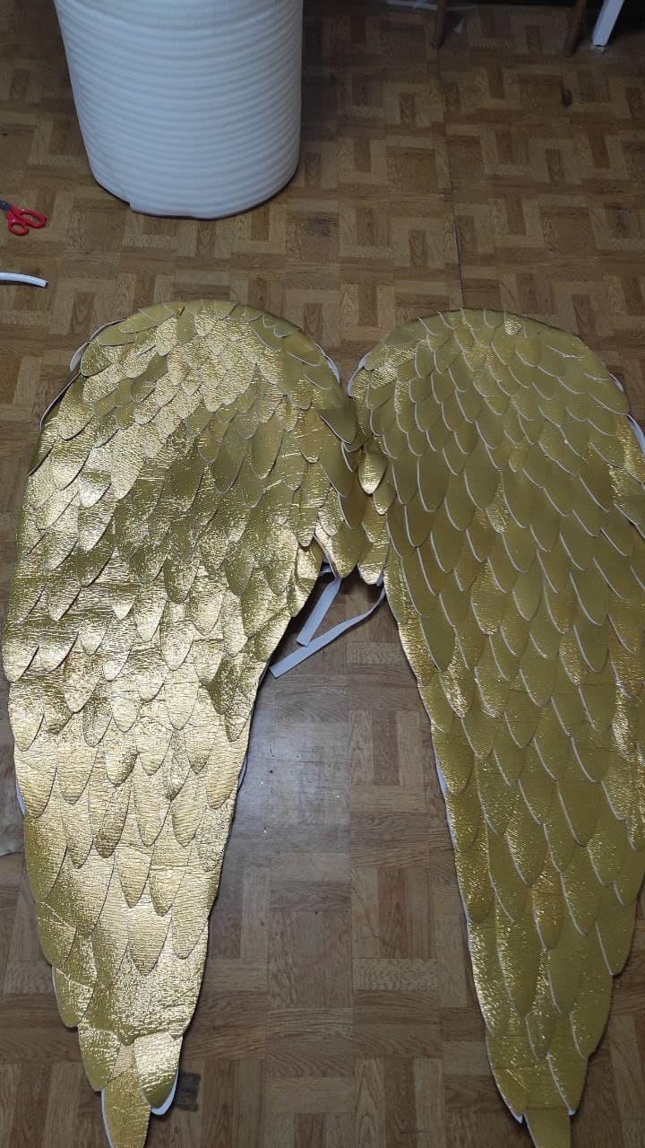 May include: A pair of large, decorative wings featuring a layered, scale-like design in a metallic gold finish. The wings are constructed with individual, overlapping feather-shaped pieces and include white elastic straps for attachment.