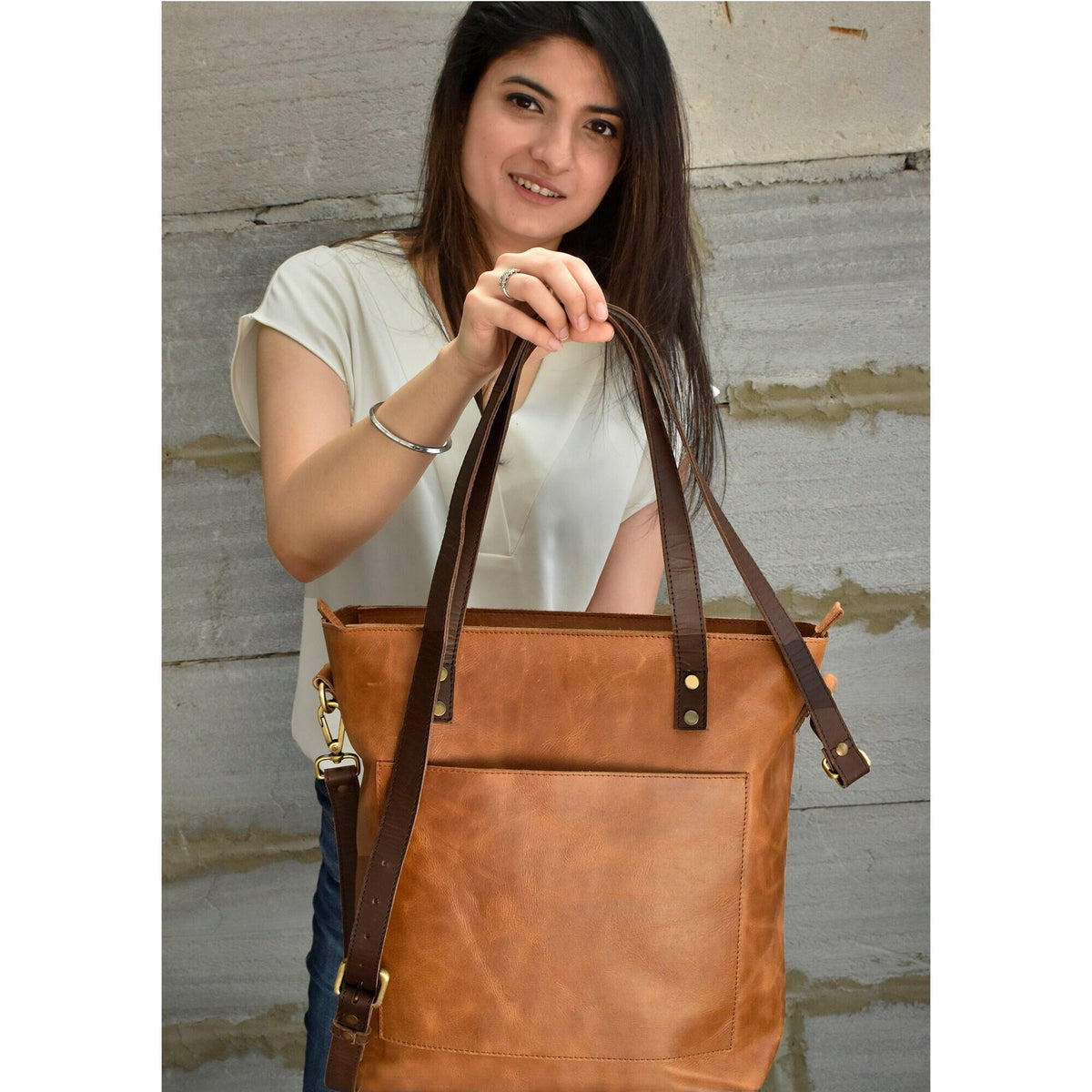Leather Tote Bag: Large Work Shoulder Bag with Crossbody Strap
