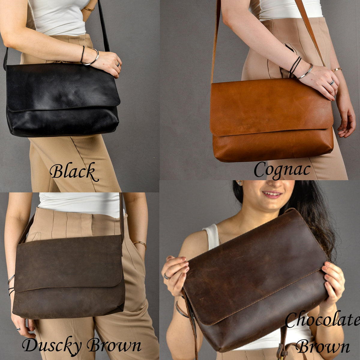 May include: Four leather messenger bags in different colors: black, cognac, dusky brown, and chocolate brown. The bags have a flap closure and a long adjustable strap.