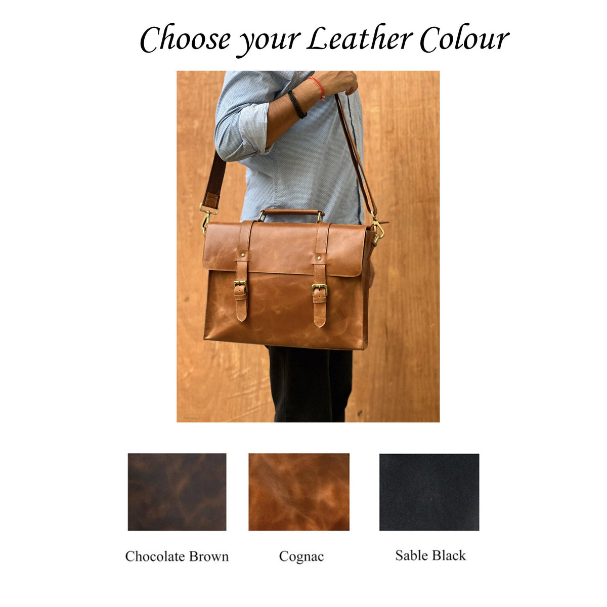 May include: A brown leather briefcase with two buckles on the front. The briefcase is being held by a person wearing a light blue shirt. The image shows three leather color options: Chocolate Brown, Cognac, and Sable Black.