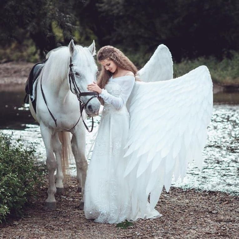 May include: A woman in a white dress with large white angel wings stands next to a white horse. The woman is holding the horse's head and looking down at it. The horse is standing in a shallow stream.