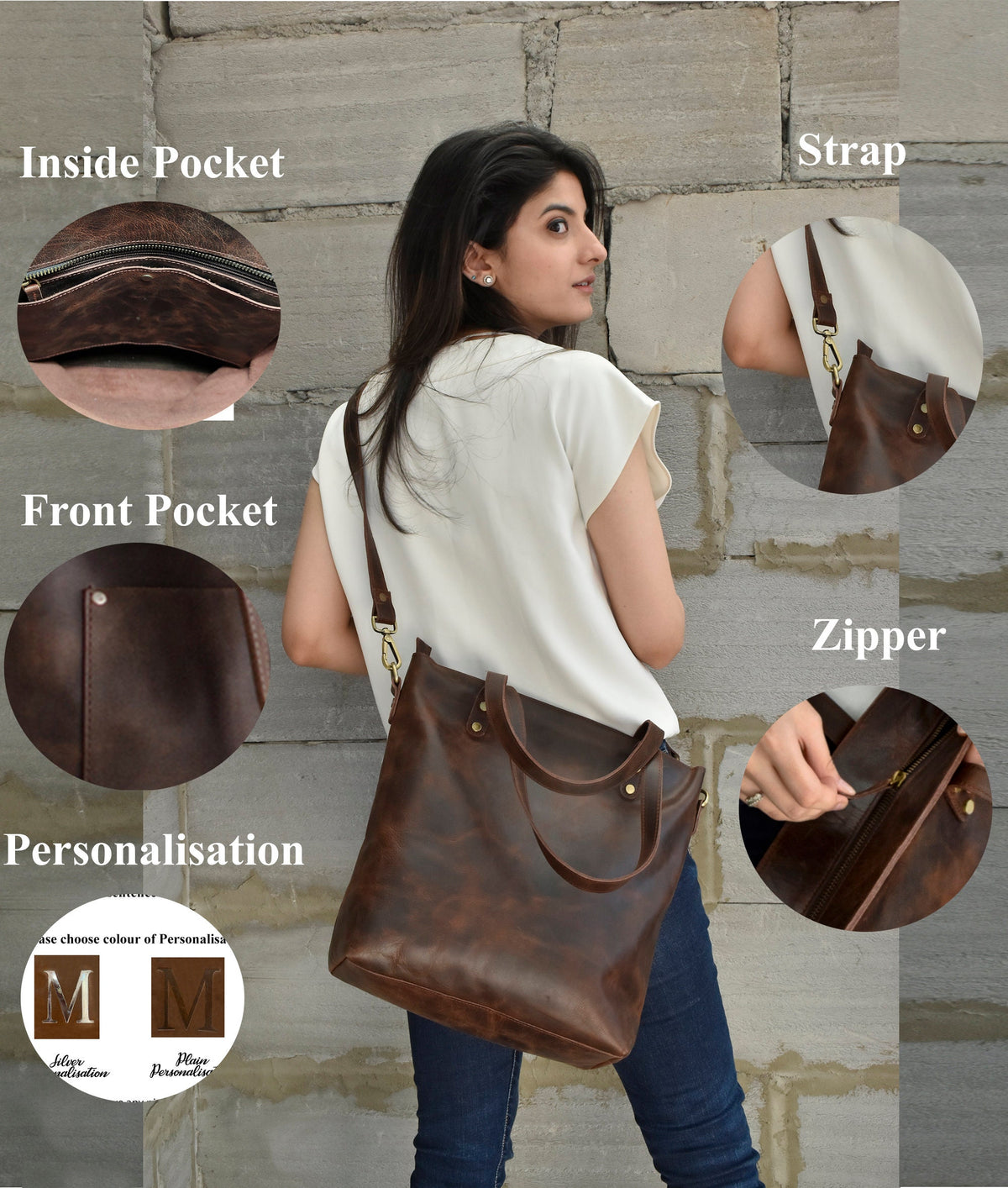 May include: A brown leather tote bag with a zipper closure, a front pocket, and an inside pocket. The bag has a shoulder strap and can be personalized with an initial.