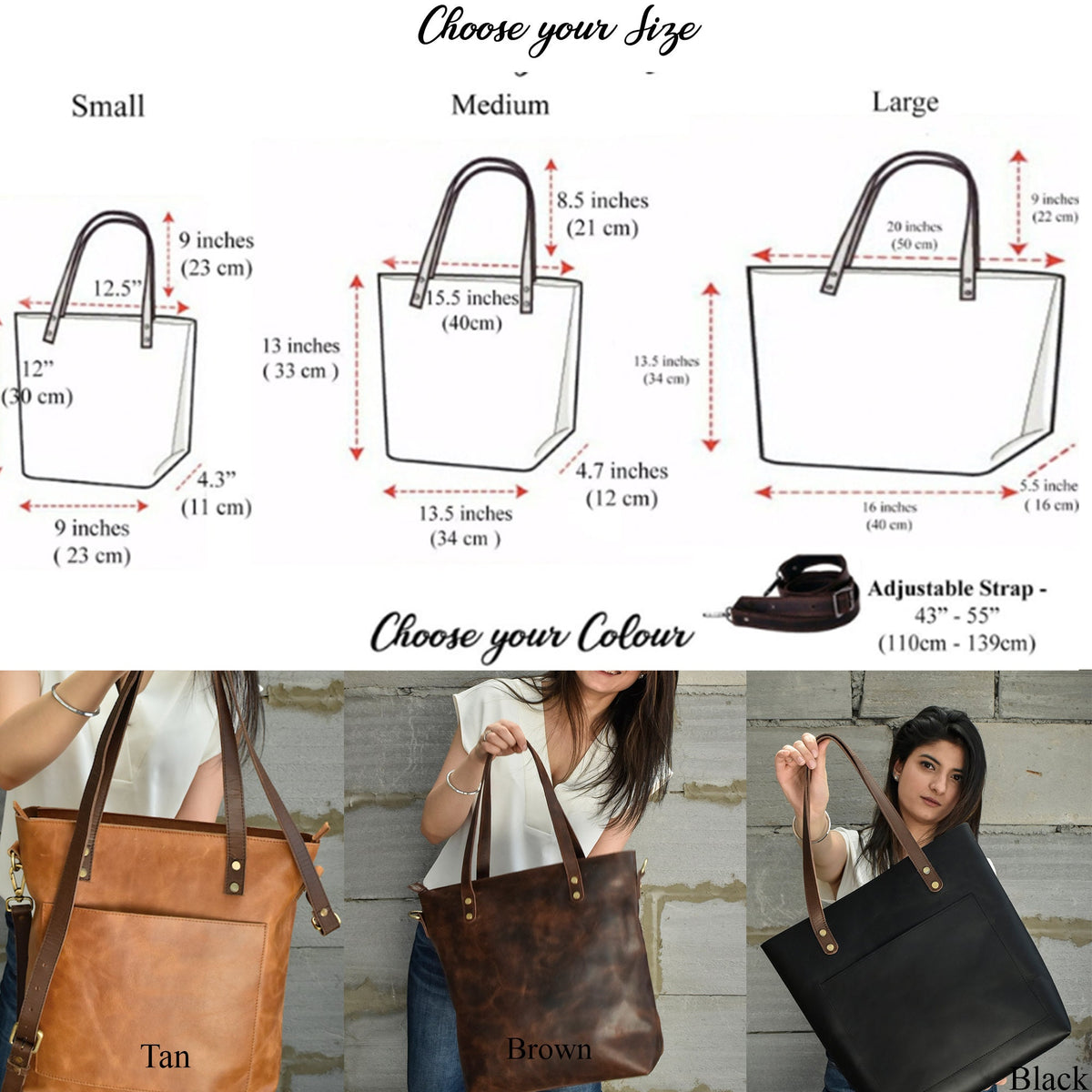 May include: Three leather tote bags in tan, brown, and black with adjustable straps. The bags are shown in three sizes: small, medium, and large. Measurements are provided in inches and centimeters.