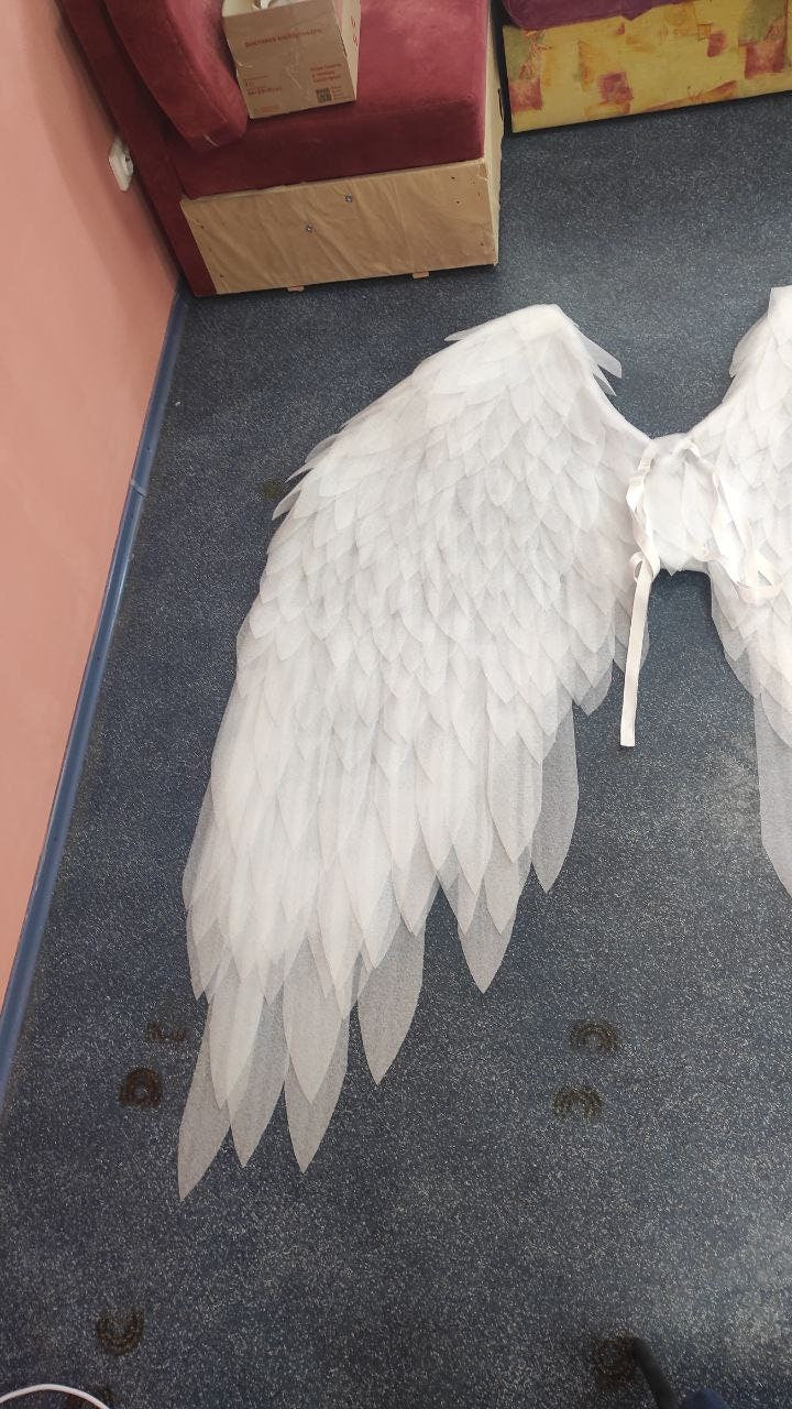 May include: A pair of large, white angel wings made of layered, feathery material. The wings are spread out, showcasing their full span and intricate design. They are tied together with white ribbons.