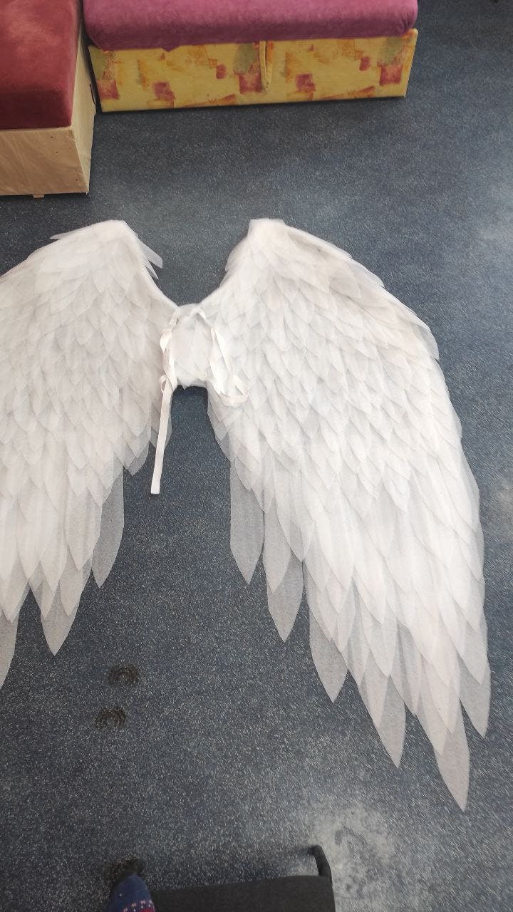 May include: White angel wings made of layered, sheer fabric. The wings are connected at the center with a white ribbon tie. The wings are spread out, with a feathery appearance, and are designed for costume or decorative use.