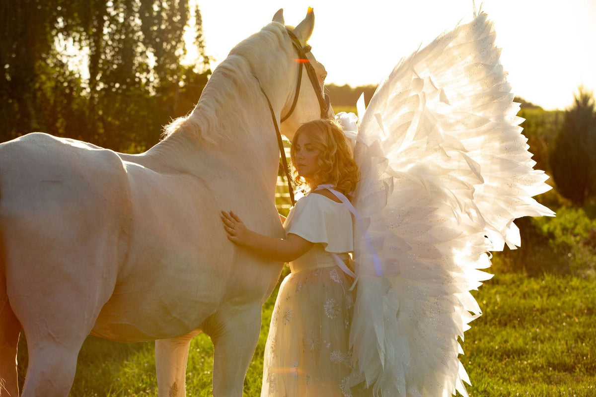 May include: A woman wearing a white dress with large white wings stands next to a white horse. The woman is holding the horse's neck with her left hand and her right hand is on the horse's side. The horse is looking to the right and the woman is looking at the horse. The background is a field of green grass.