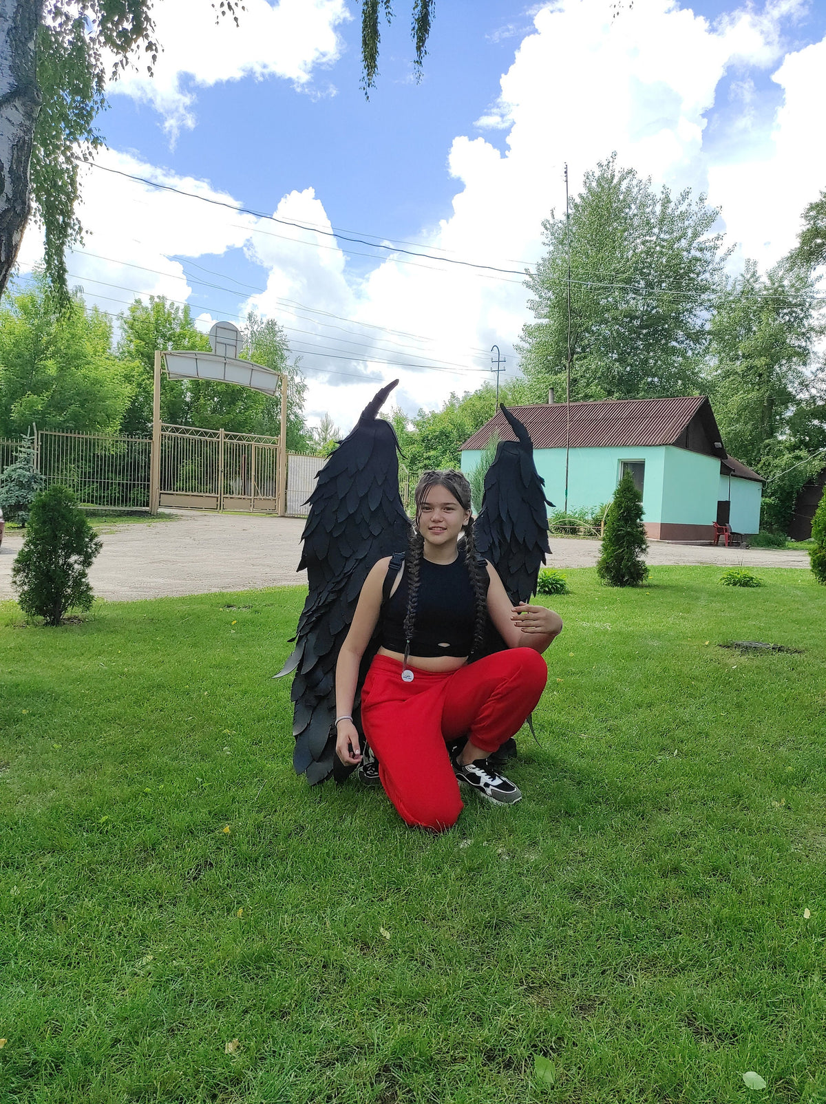 May include: A person wearing a black crop top and red pants, posing with large black feathered wings on a grassy lawn. The wings are detailed and dramatic. The background includes trees, a building, and a blue sky with clouds.