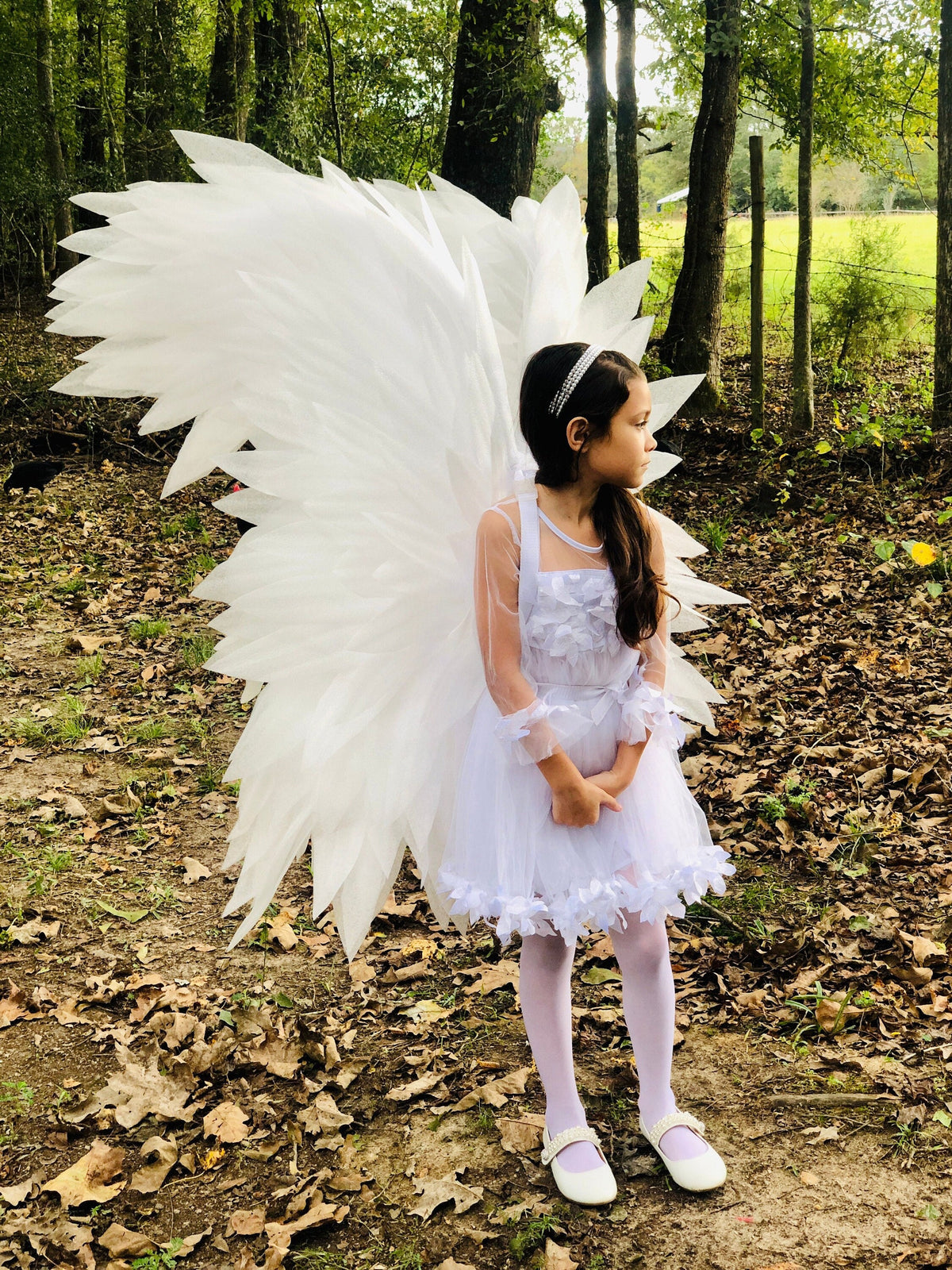 May include: Large white feathered wings attached to a white sleeveless dress with a layered tulle skirt, sheer long sleeves, and floral embellishments at the neckline and hem. The outfit includes white tights and white flat shoes with straps.
