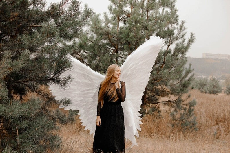 May include: A woman wearing a black dress with large white feathered angel wings. The wings are spread out behind her and she is standing in a field with trees in the background.