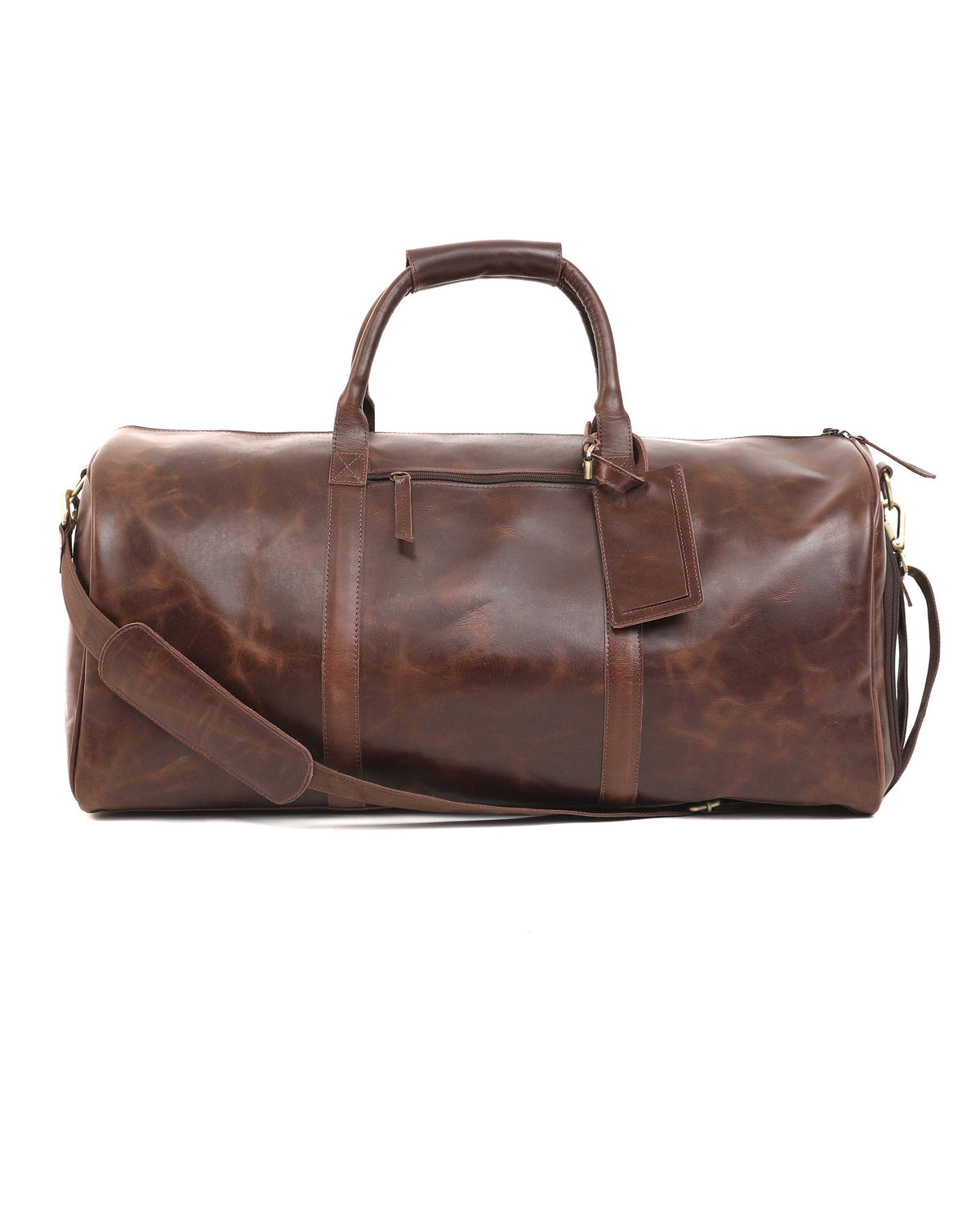 May include: A brown leather duffel bag with a top handle and a shoulder strap. The bag has a zipper closure and a small leather tag attached to the front.