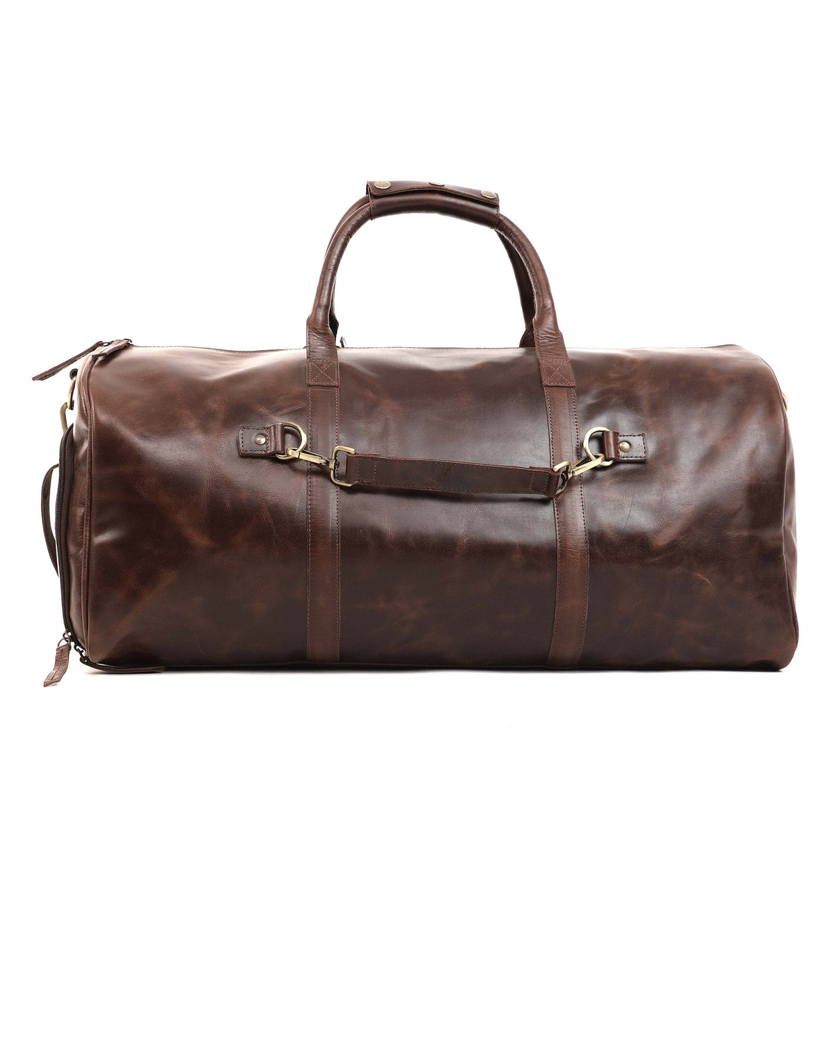 May include: A brown leather duffel bag with a top handle and a shoulder strap. The bag has a zipper closure and two metal buckles on the front.