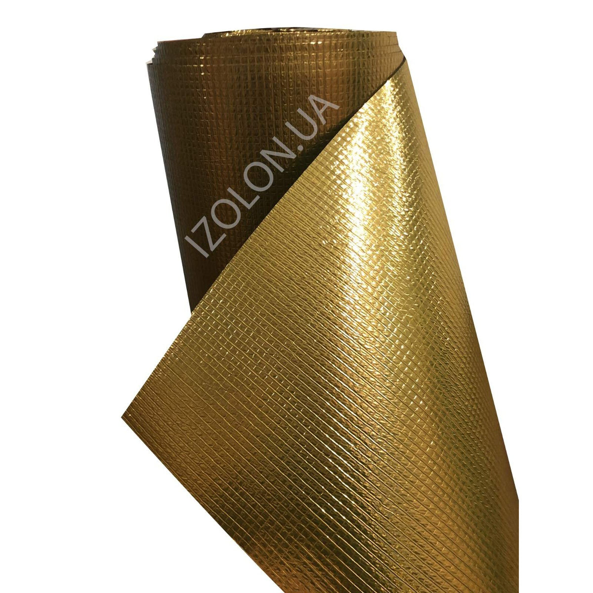 May include: A roll of metallic gold material with a distinct grid-like embossed texture. The surface reflects light, creating a shiny appearance. The text IZOLON.UA is printed diagonally across the surface of the material in a white font.
