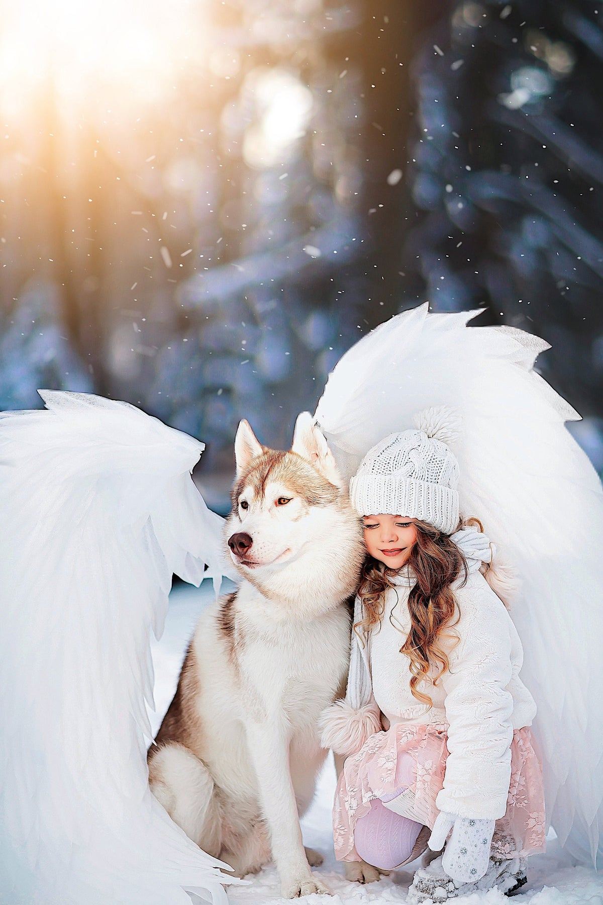 May include: A young girl wearing a white knitted hat and a white jacket is holding a white and brown husky dog. The girl and dog are standing in a snowy forest with white angel wings behind them.