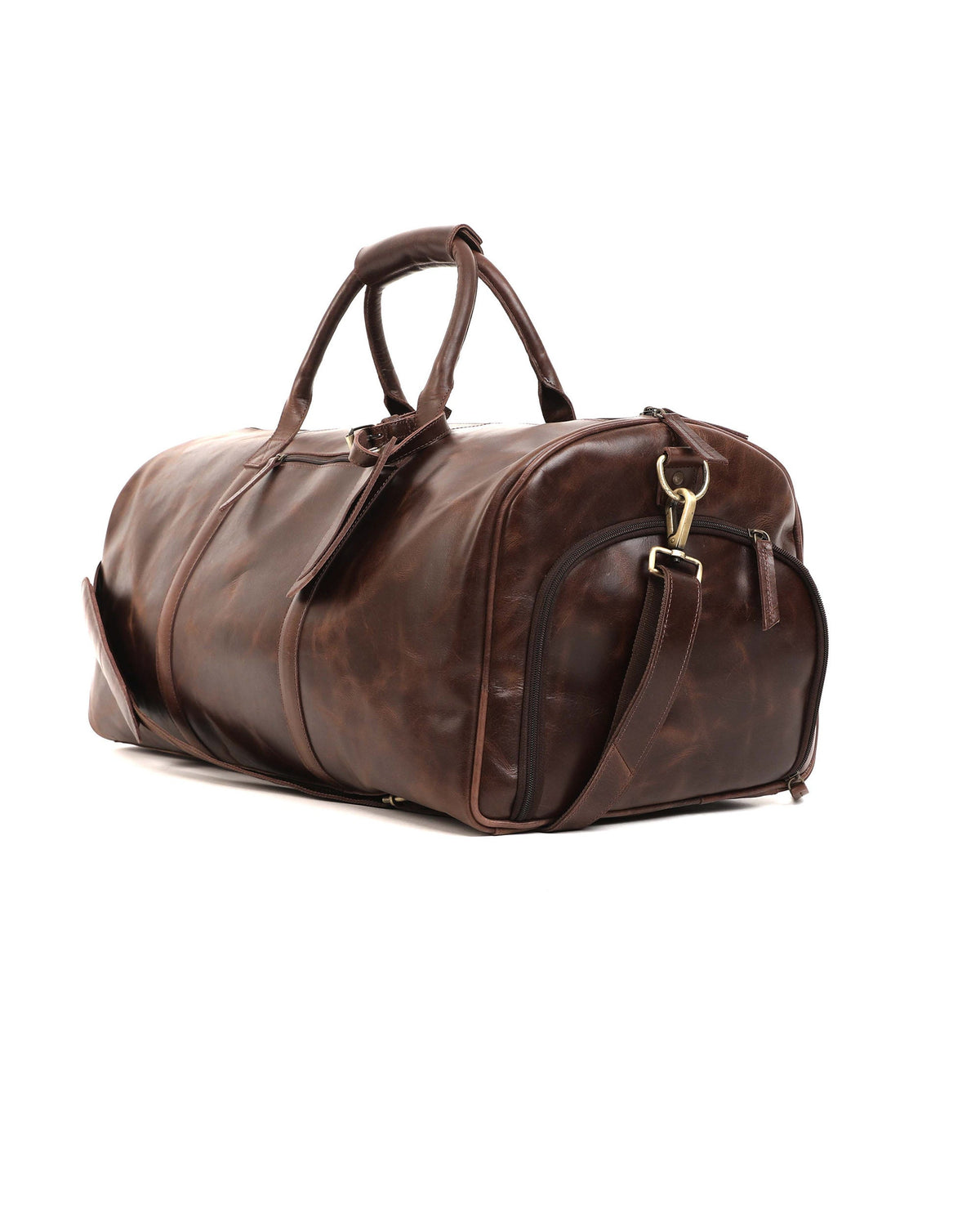 May include: A brown leather duffel bag with a top handle and a shoulder strap. The bag has a zippered closure and a front pocket.