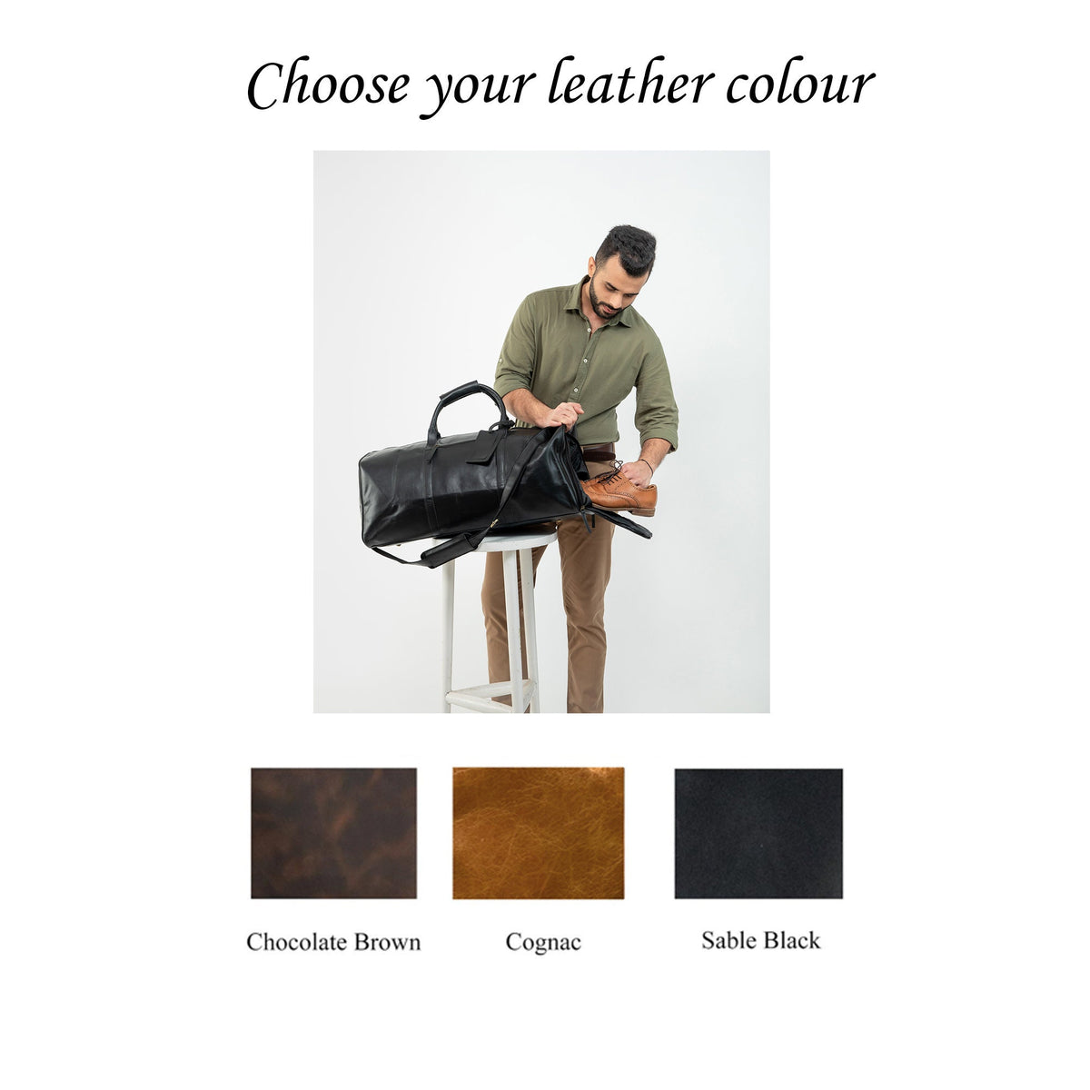 May include: A black leather duffel bag with a brown leather strap. The bag is open and a person is putting a brown leather shoe inside. The image shows three leather color options: Chocolate Brown, Cognac, and Sable Black.