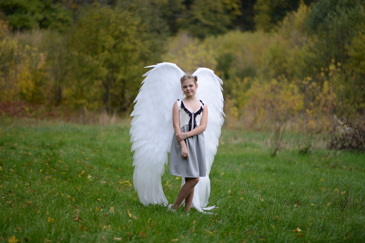 May include: A young person wearing a grey dress with white lace trim and white angel wings. The person is standing in a grassy field with trees in the background.