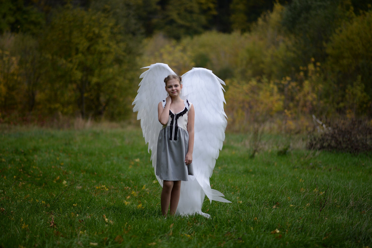 May include: A young person wearing a grey and black dress with white angel wings. The person is standing in a grassy field with trees in the background.