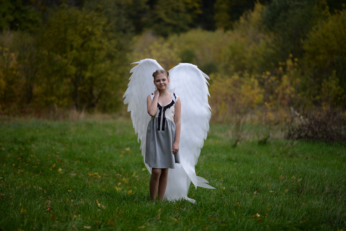 May include: A young person wearing a grey and black dress with white angel wings. The person is standing in a grassy field.