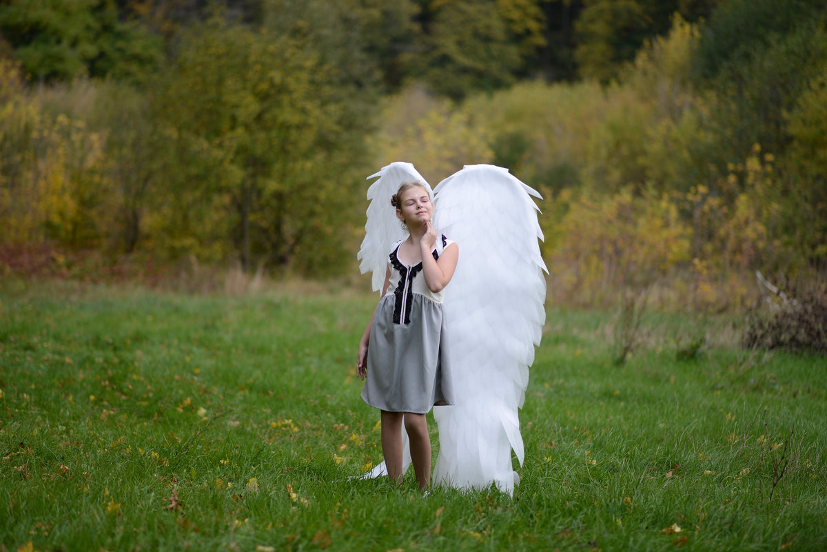 May include: A young person wearing a grey dress with black trim stands in a grassy field with large white feathered wings behind them.