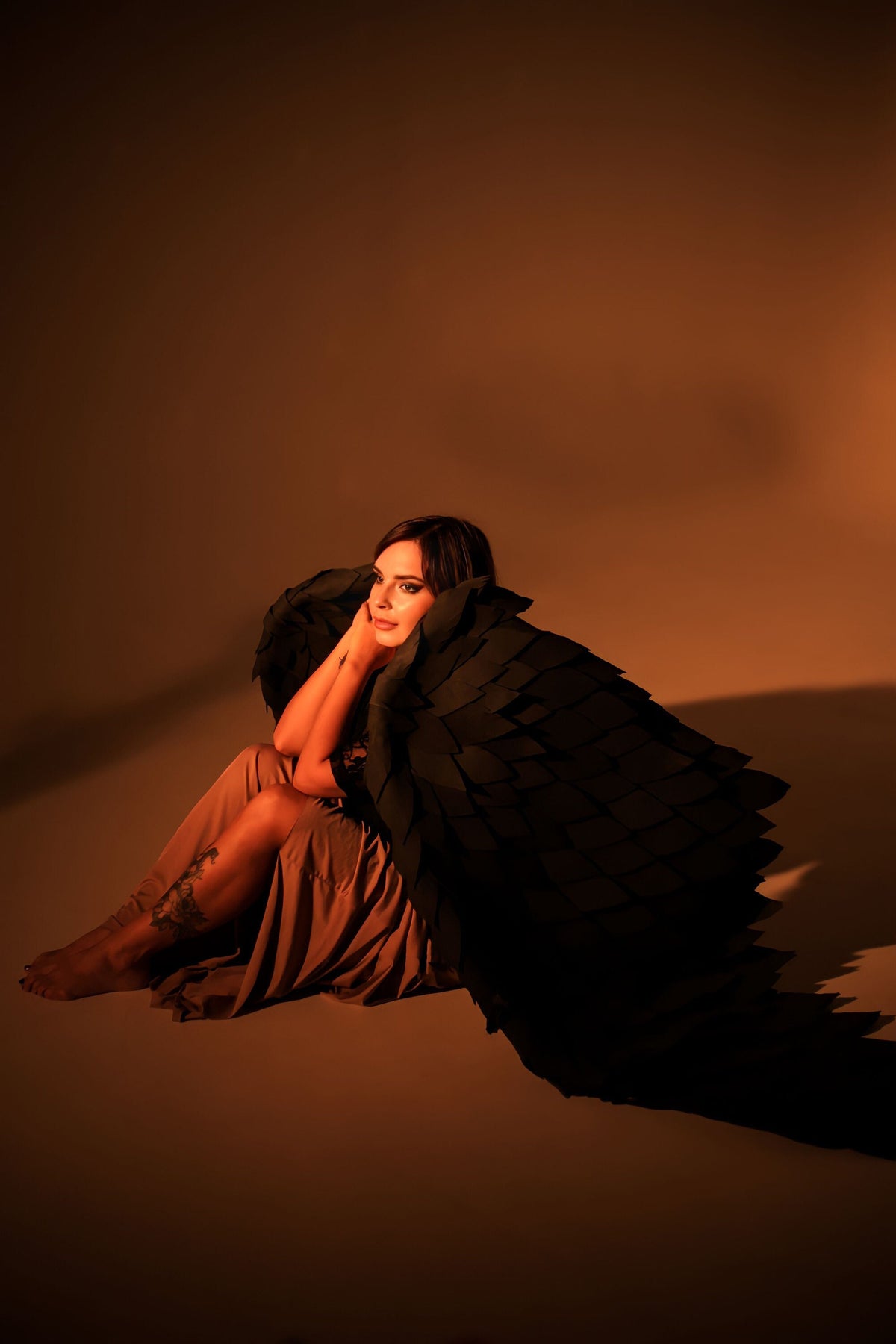 May include: A woman wearing a brown dress sits with her arms crossed, looking to the side. She is wearing large black wings.