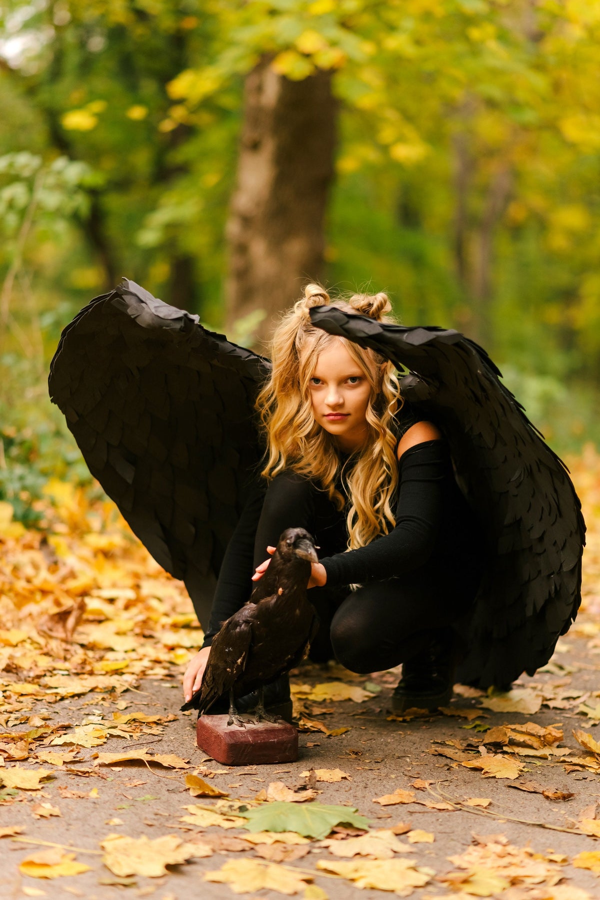 May include: A young person wearing a black costume with large black wings and a black crow perched on a wooden platform. The person is kneeling in a forest setting with fallen autumn leaves.