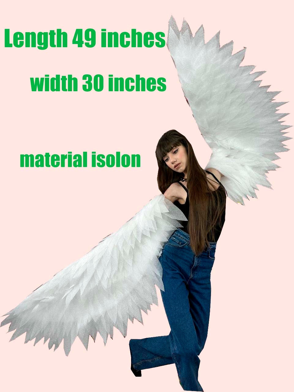 May include: White angel wings made of isolon material. The wings are 49 inches long and 30 inches wide.
