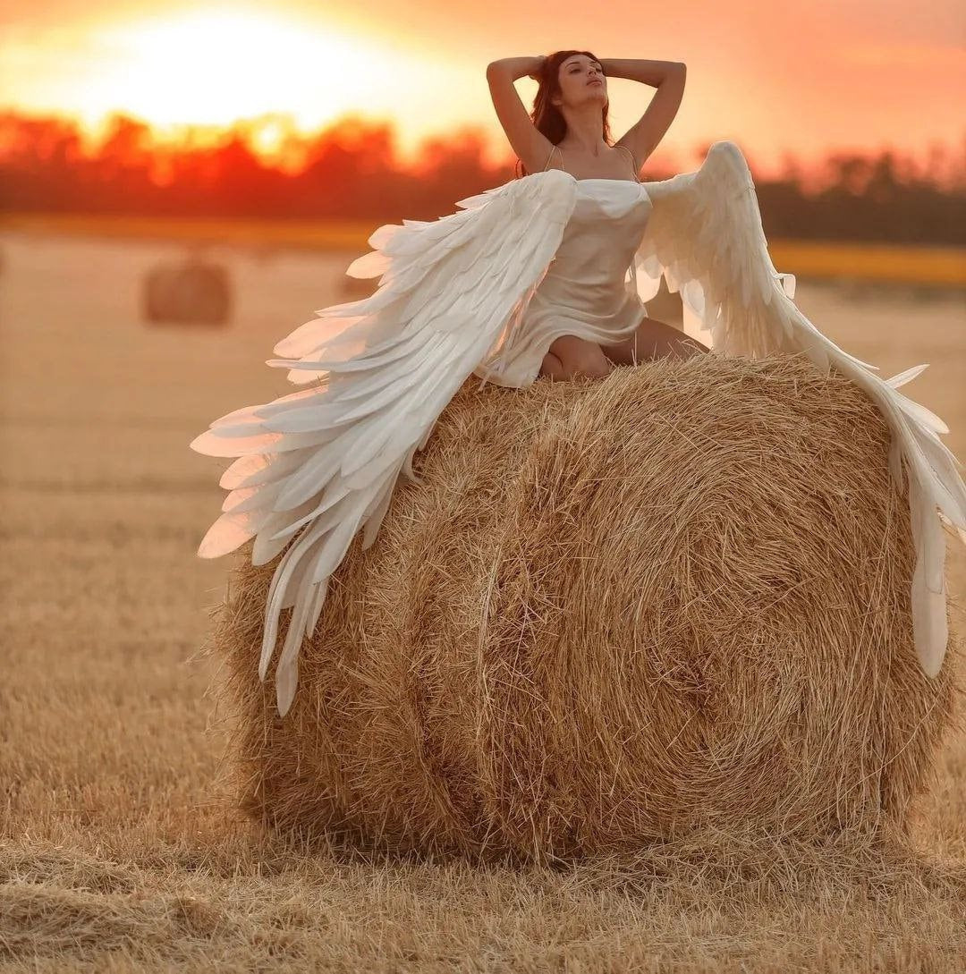 May include: A person wearing a white dress and large white feathered wings sits atop a large bale of hay. The background features a sunset with orange and yellow hues.
