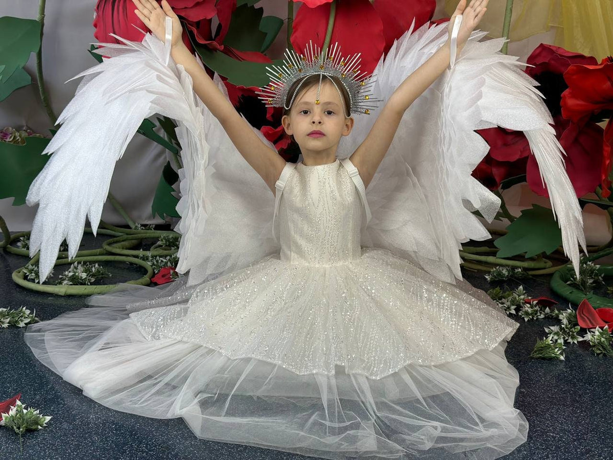 May include: A white, sparkly dress with a layered tulle skirt and matching angel wings. The dress features a high neckline and is paired with a silver crown. The wings are large and feathery, creating a whimsical costume.