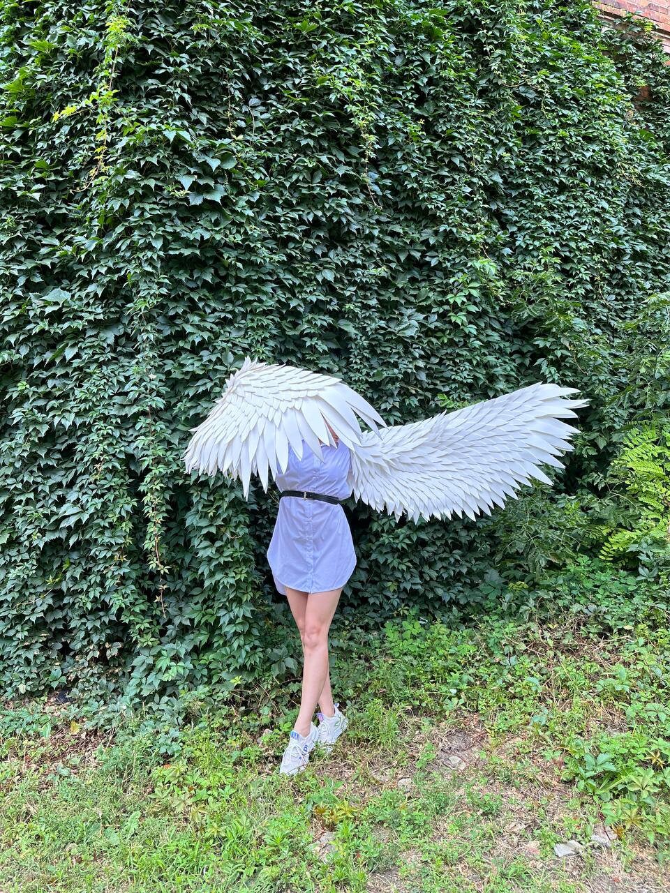 May include: A person wearing a white shirt and white sneakers is holding large white angel wings in front of a green ivy wall.