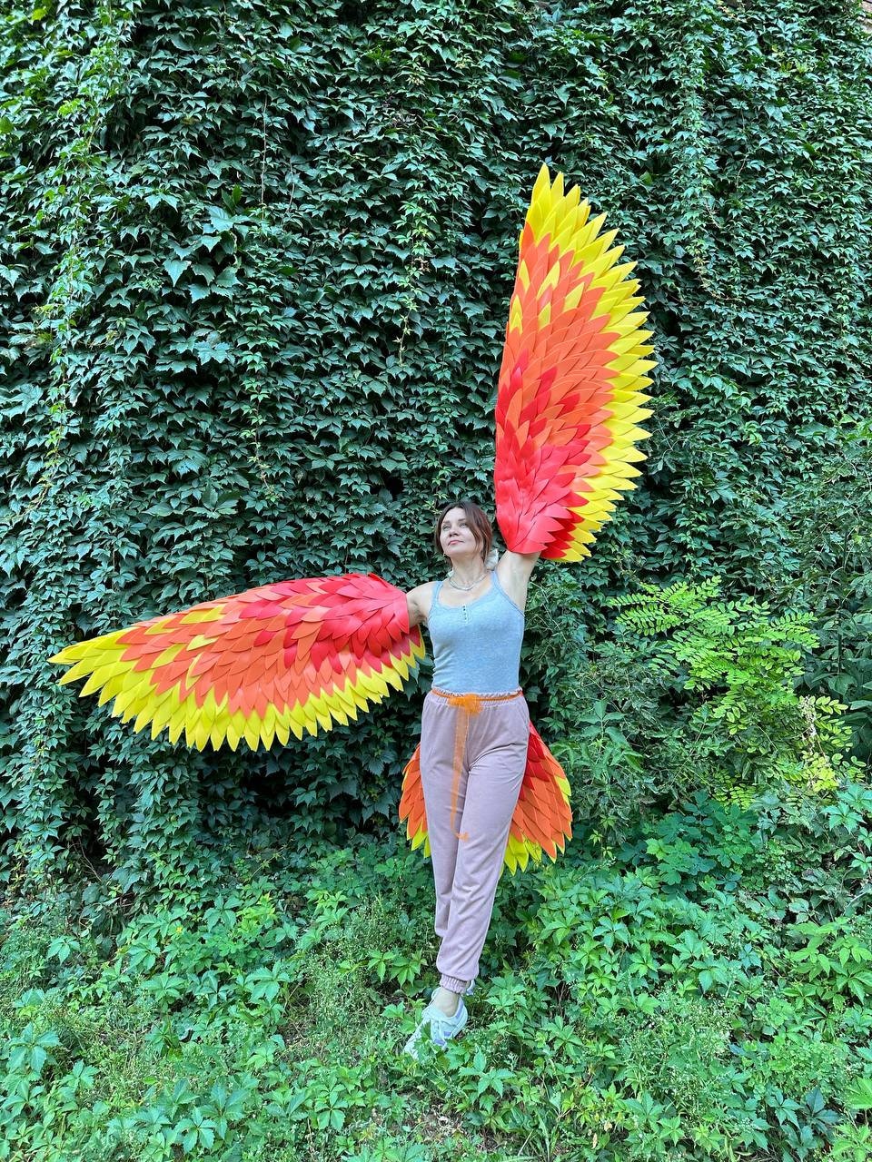 May include: A person wearing large, colorful wings with a gradient of yellow, orange, and red. The wings are made of layered, feather-like shapes. The person is standing in front of a wall of green foliage.