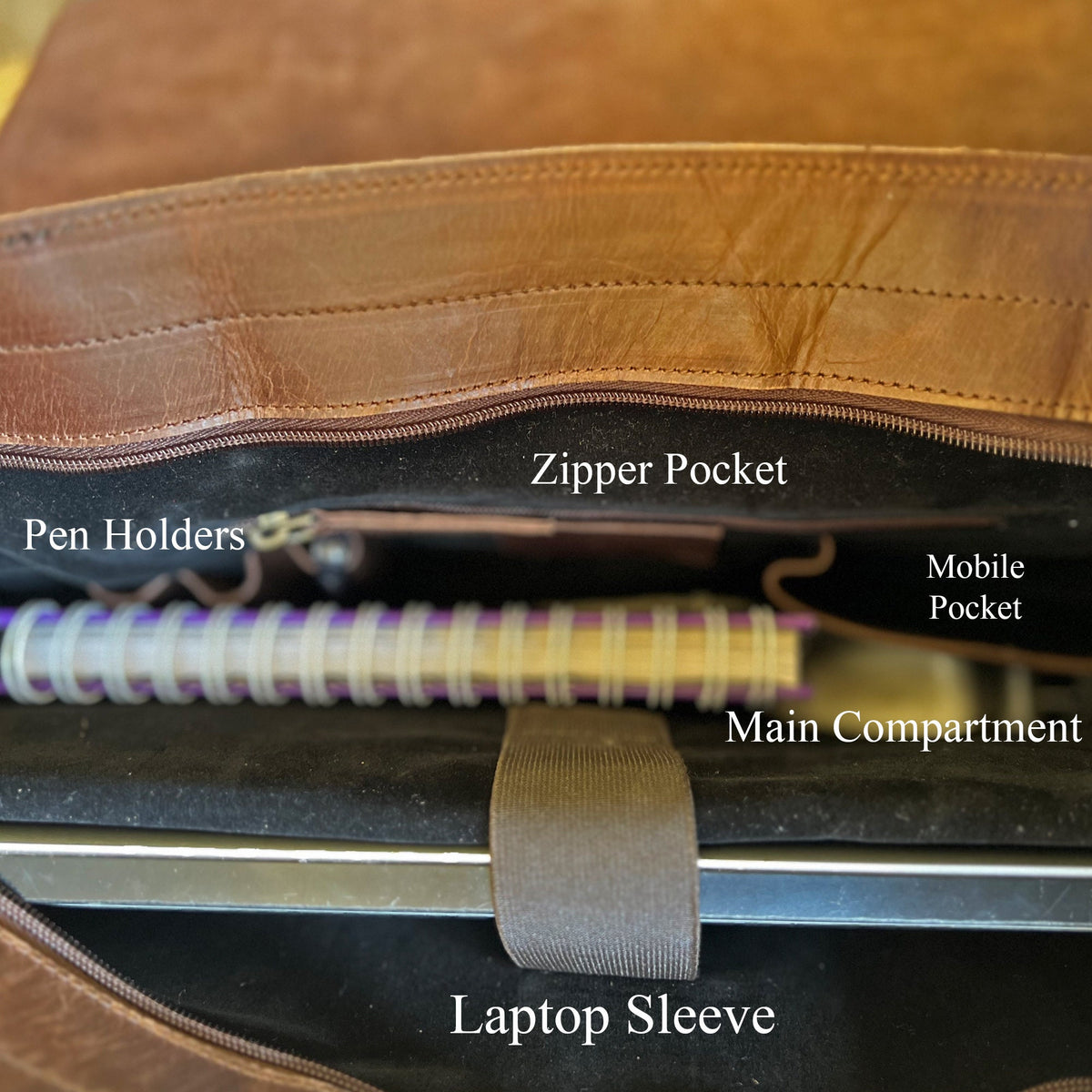 The inside of the bag has multiple pockets inside for easy access of all the things. It has a zippered pocket, 2 penholders, 1 wallet pocket and 1 mobile pocket. There is also ample of space to keep additional things like files, documents, journals
