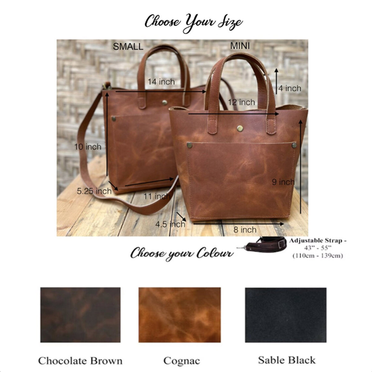 May include: Two leather tote bags in brown, one small and one mini, with adjustable straps. The bags have a front pocket and are available in chocolate brown, cognac, and sable black.