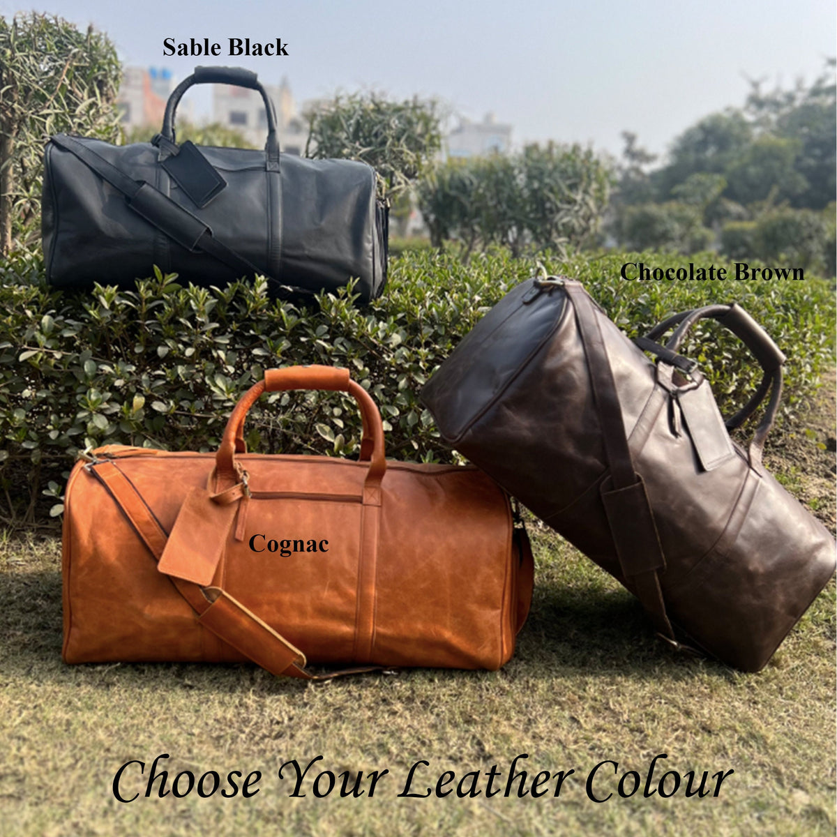 May include: Three leather travel bags in different colors: Sable Black, Chocolate Brown, and Cognac. Choose Your Leather Colour.