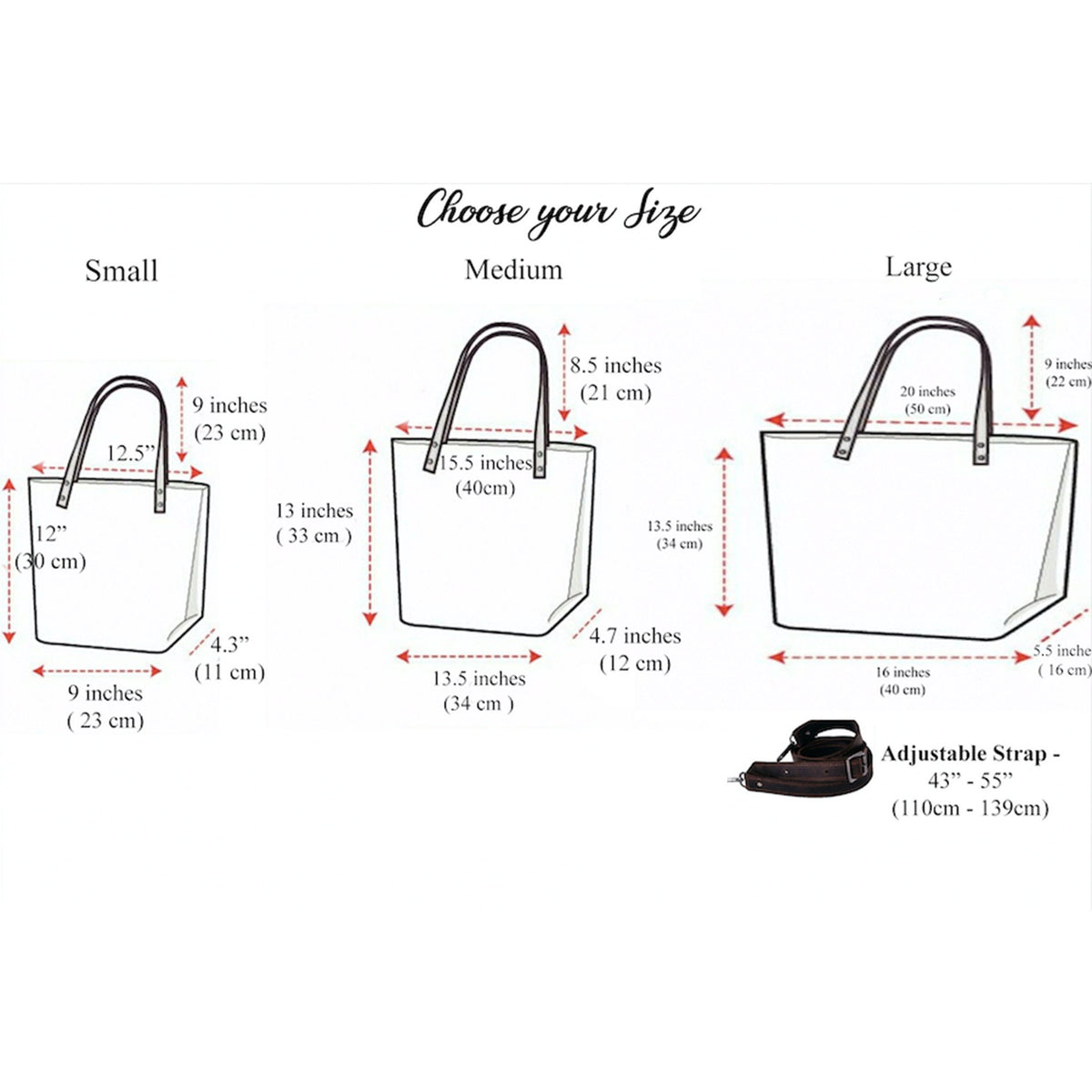May include: Diagram showing three sizes of tote bags with measurements in inches and centimeters. The tote bags are white and have black handles. The diagram also shows an adjustable strap with measurements in inches and centimeters.