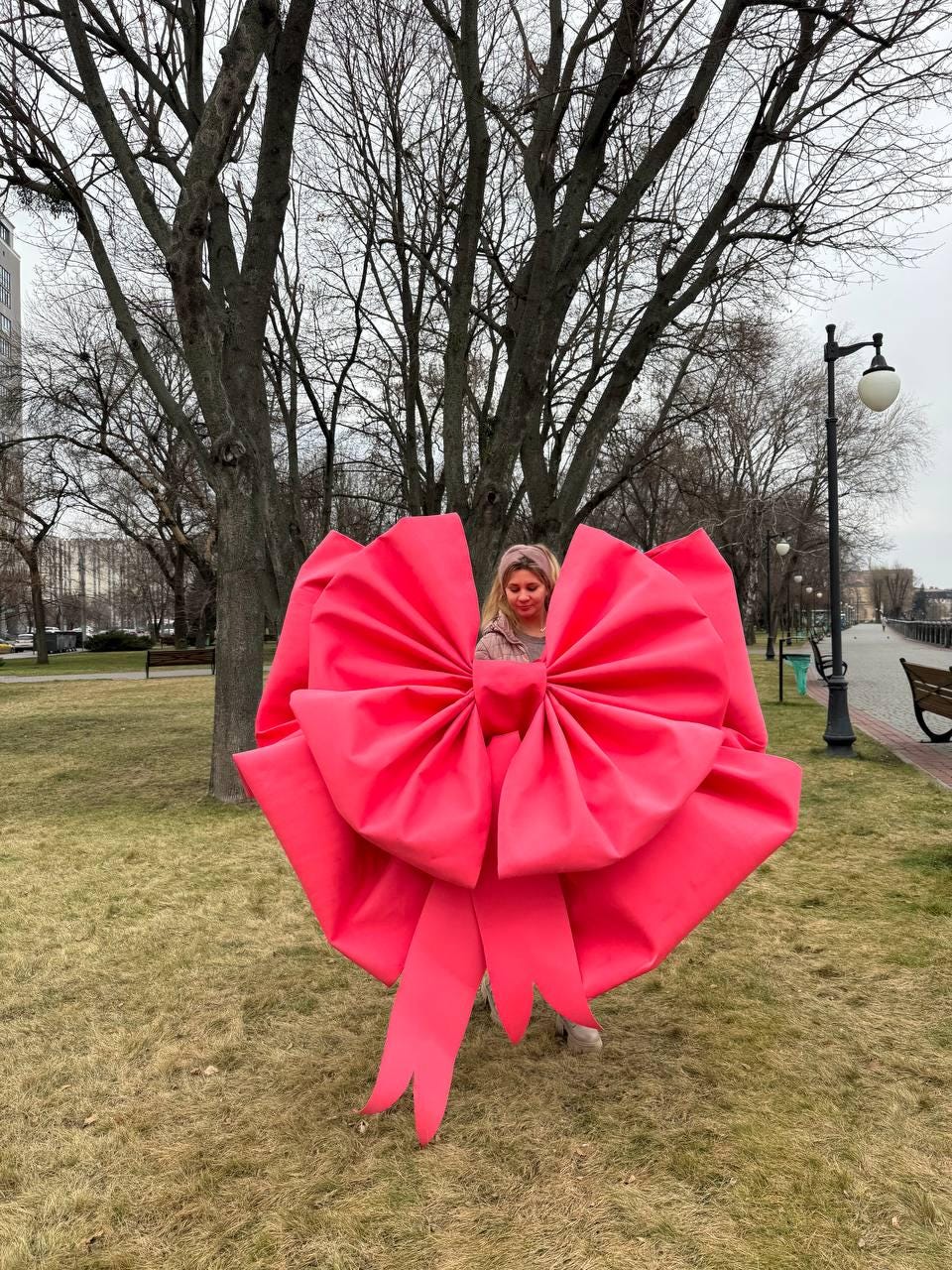 May include: A large, vibrant pink bow, with multiple layers and long flowing ribbons, is held outdoors. The bow is the focal point, set against a backdrop of bare trees and a grassy area. The bow's color is a bright, eye-catching pink.