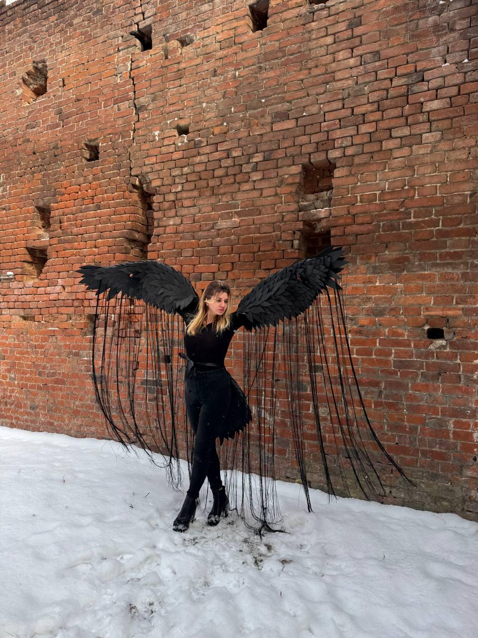 May include: A person wearing a black dress and black wings stands in front of a brick wall. The wings are made of black feathers and have long black streamers hanging from them. The person is standing in the snow.
