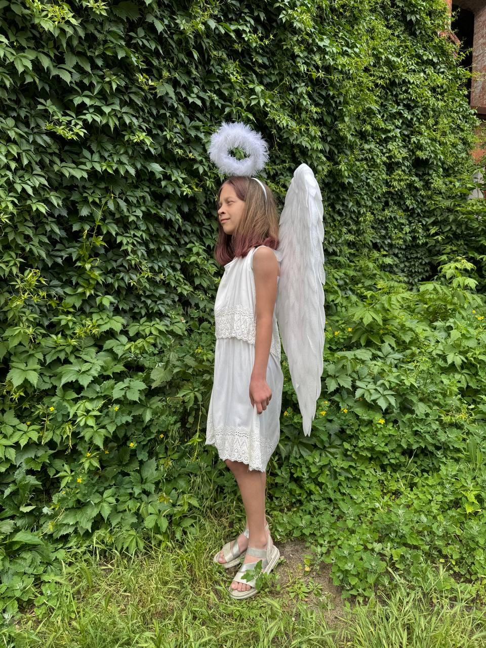 May include: A person wearing a white dress, angel wings, and a halo stands in front of a wall of green foliage. The dress has a lace trim. The angel wings are white and feathered. The halo is white and fluffy.