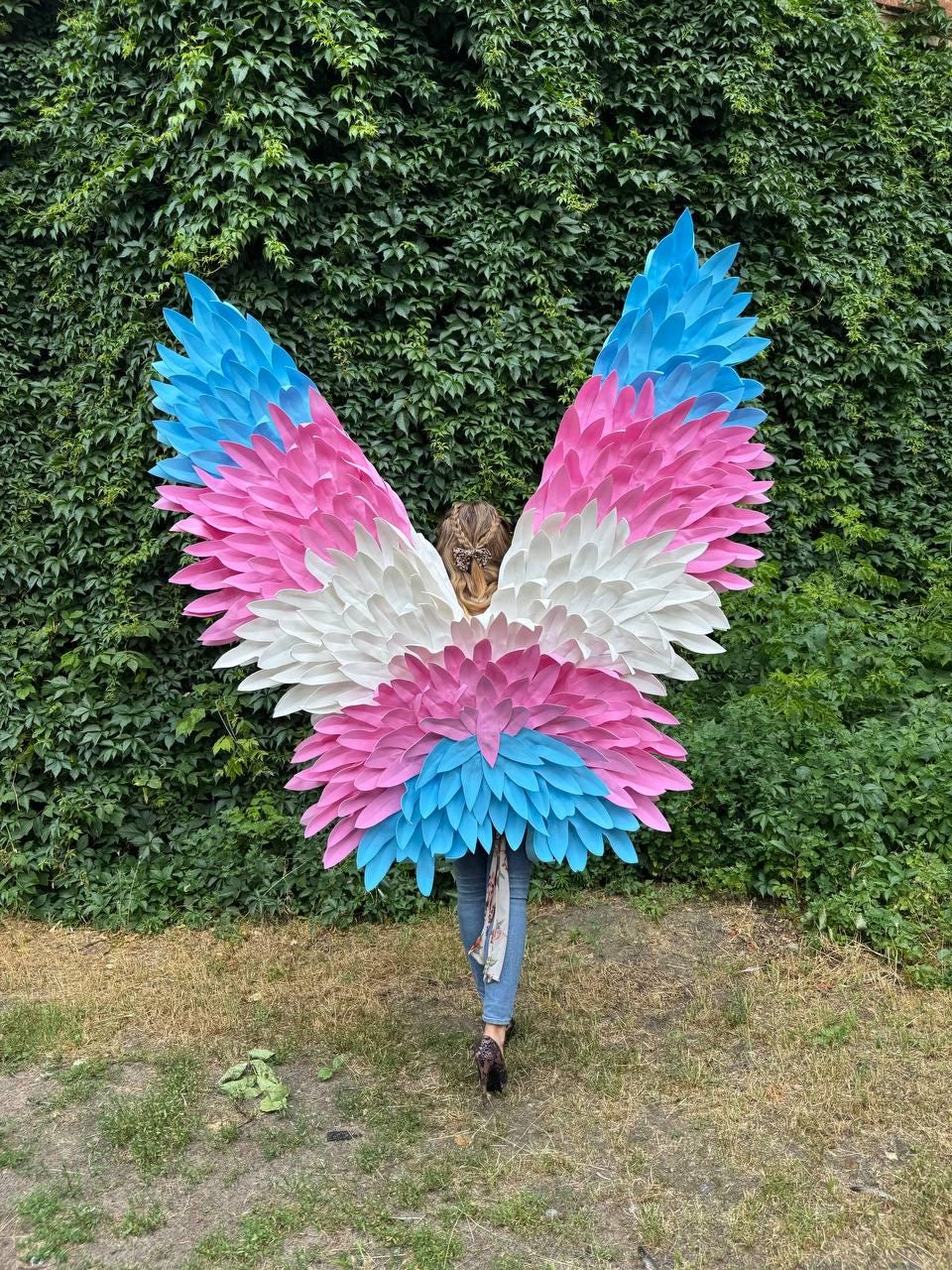 May include: Large, colorful wings in the colors of the transgender flag: light blue, pink, and white. The wings are made of layered, feather-like shapes. The person wearing the wings is walking away from the camera.