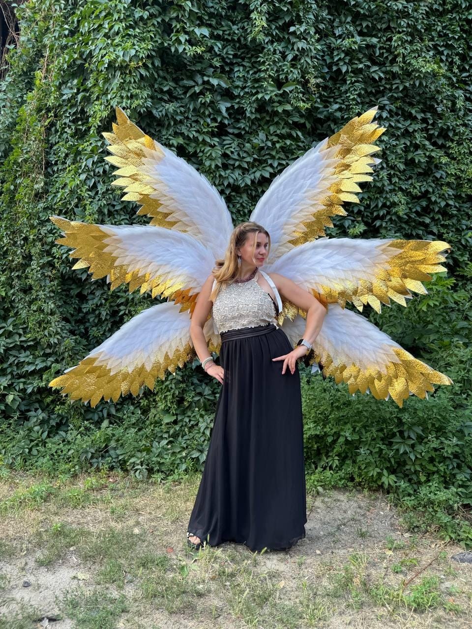 Six Wings Angel Costume | White and Gold Angel Costume with 6 Wings | Big Angel Wings for Photo Shoot | Cosplay Angel Costume