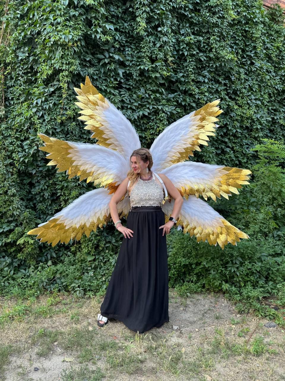 May include: Large, ornate angel wings with white and gold feathers. The wings are spread wide, showcasing their intricate design. The wings are the focal point, set against a backdrop of lush green foliage. The wings are a costume accessory.