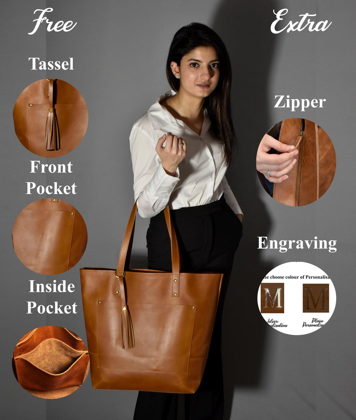 May include: A large, brown leather tote bag with long handles, a tassel, and a front pocket. The bag features a zipper closure and an inside pocket. The image also shows options for personalization and engraving.