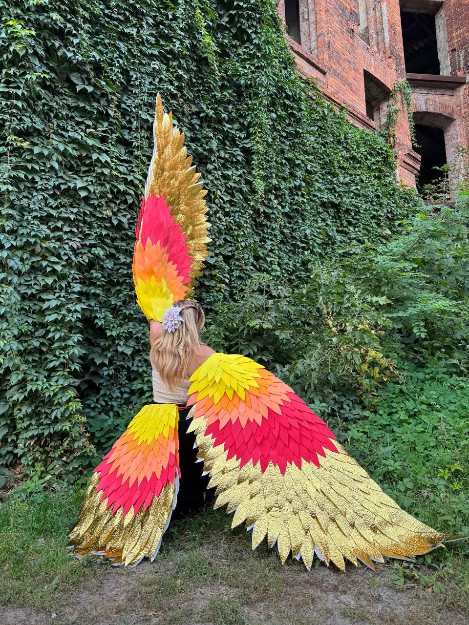 May include: A pair of large, colorful costume wings with a matching set of leg wings. The wings feature a gradient of red, orange, and yellow feathers, with gold accents. The wings are designed to resemble a phoenix.