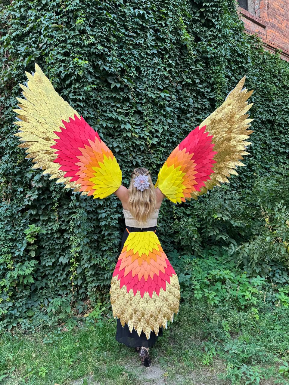 Golden Phoenix Wings & Tail Costume — Handmade Fire Bird Wings for Cosplay, Festival, Photo Prop